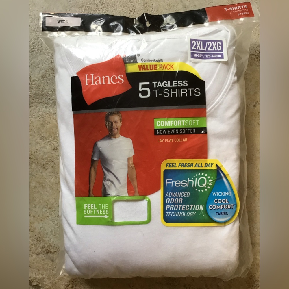 Hanes 5 Tagless T-Shirts / Undershirts — White  — 2XL / 2XG 50-52” Value Pack